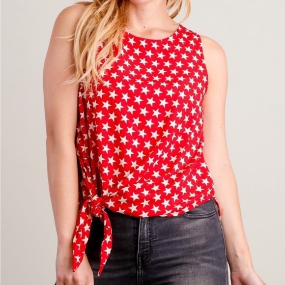 Peach Love California Red Blouse Tie Hem Stars Sleeveless Tank Top Small NEW - Picture 4 of 4